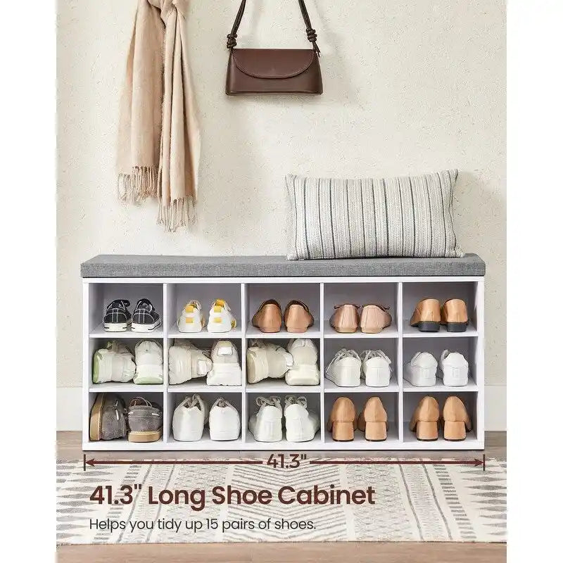 Banc à chaussures en bois avec coussin, organisateur de rangement à 15 compartiments - 11,8P x 41,3L x 18,9H