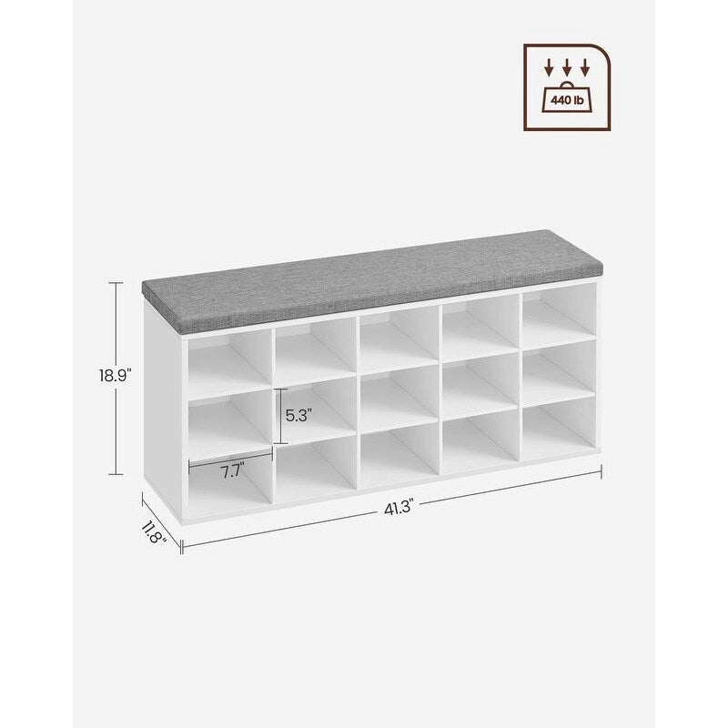 Banc à chaussures en bois avec coussin, organisateur de rangement à 15 compartiments - 11,8P x 41,3L x 18,9H