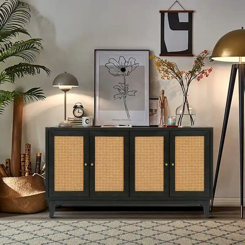 Buffet bas en rotin, meuble de rangement d'appoint avec 4 portes en rotin