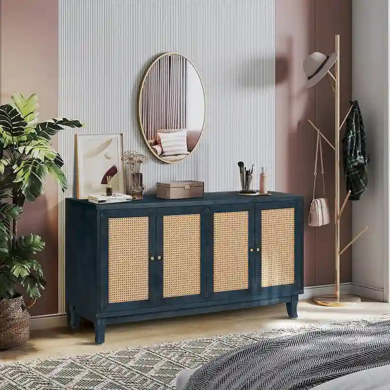 Buffet bas en rotin, meuble de rangement d'appoint avec 4 portes en rotin