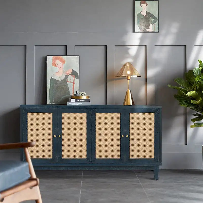 Buffet bas en rotin, meuble de rangement d'appoint avec 4 portes en rotin