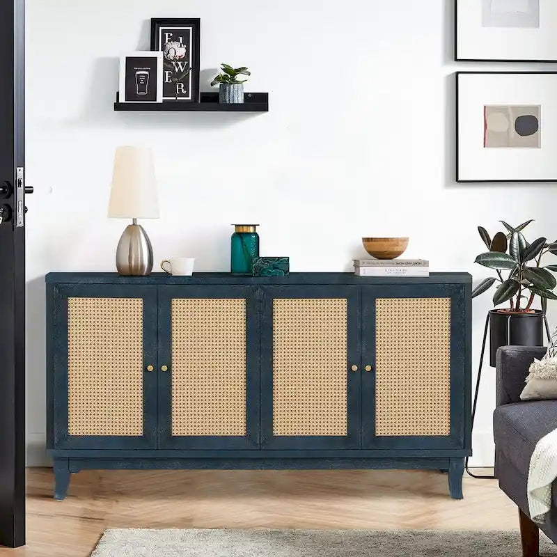Buffet bas en rotin, meuble de rangement d'appoint avec 4 portes en rotin
