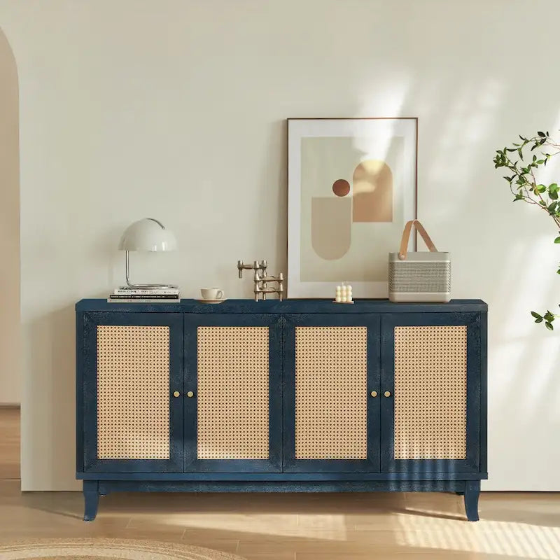 Buffet bas en rotin, meuble de rangement d'appoint avec 4 portes en rotin
