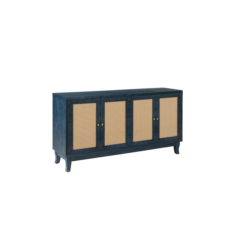 Buffet bas en rotin, meuble de rangement d'appoint avec 4 portes en rotin