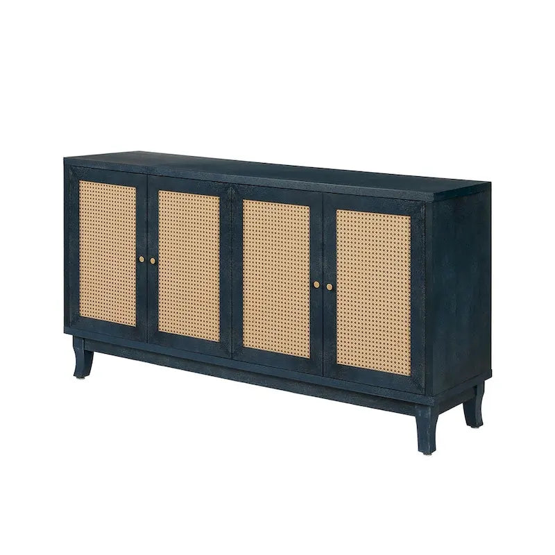 Buffet bas en rotin, meuble de rangement d'appoint avec 4 portes en rotin