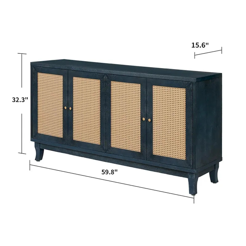 Buffet bas en rotin, meuble de rangement d'appoint avec 4 portes en rotin