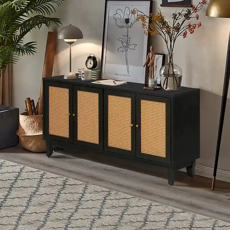 Buffet bas en rotin, meuble de rangement d'appoint avec 4 portes en rotin