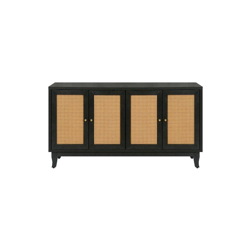 Buffet bas en rotin, meuble de rangement d'appoint avec 4 portes en rotin