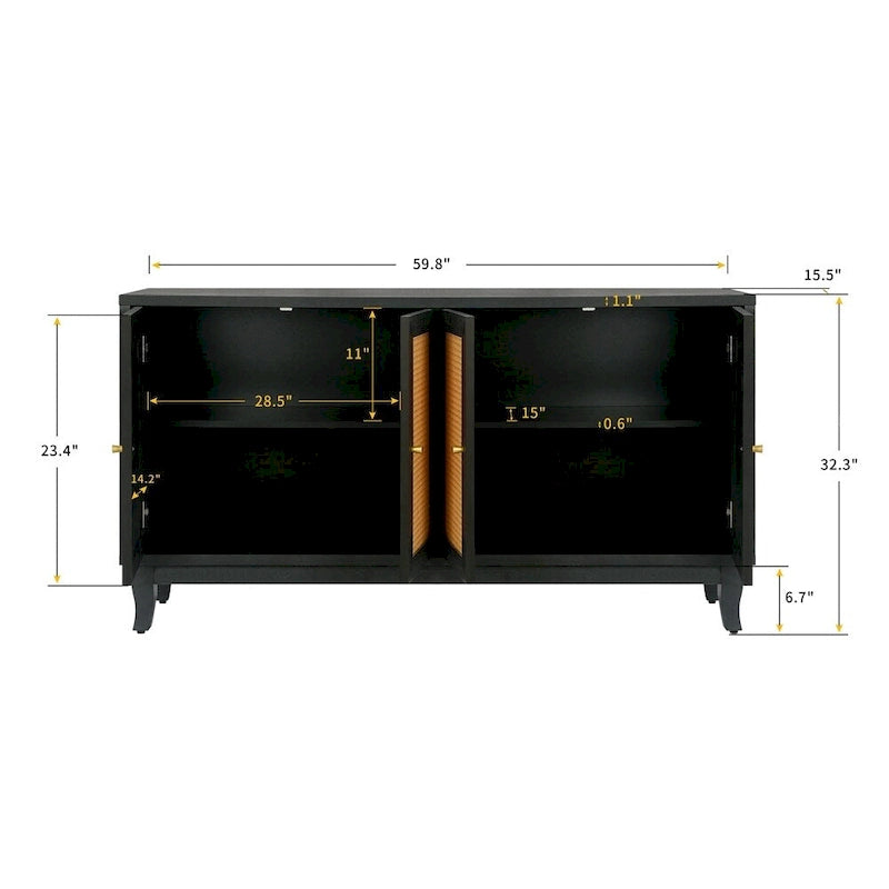 Buffet bas en rotin, meuble de rangement d'appoint avec 4 portes en rotin