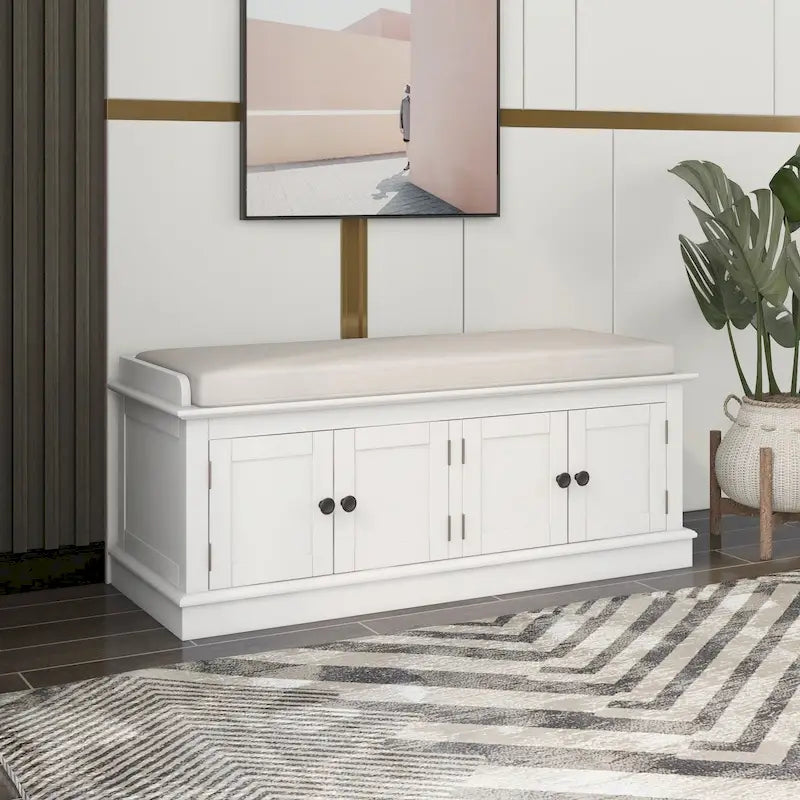 Banc de rangement avec 4 portes et étagères réglables, Banc à chaussures avec coussin amovible pour Salon, Entrée