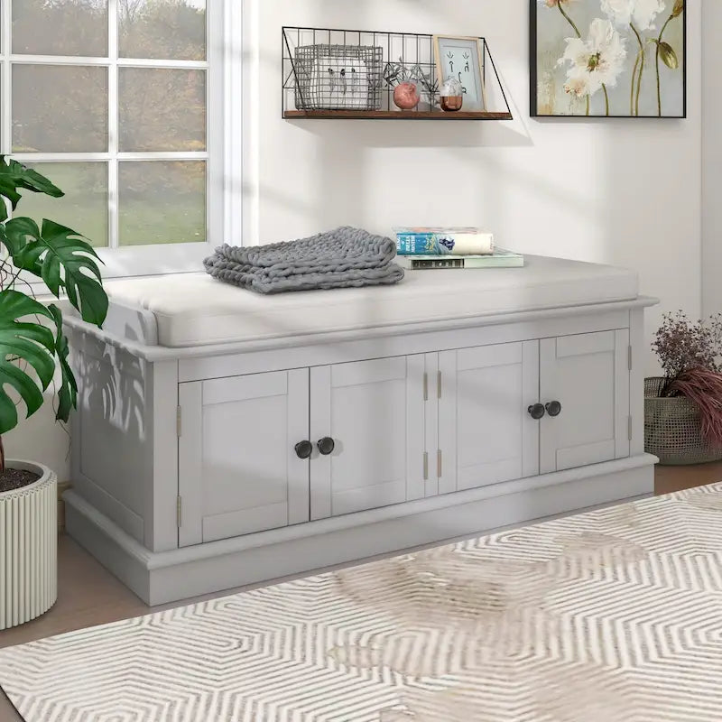 Banc de rangement avec 4 portes et étagères réglables, Banc à chaussures avec coussin amovible pour Salon, Entrée