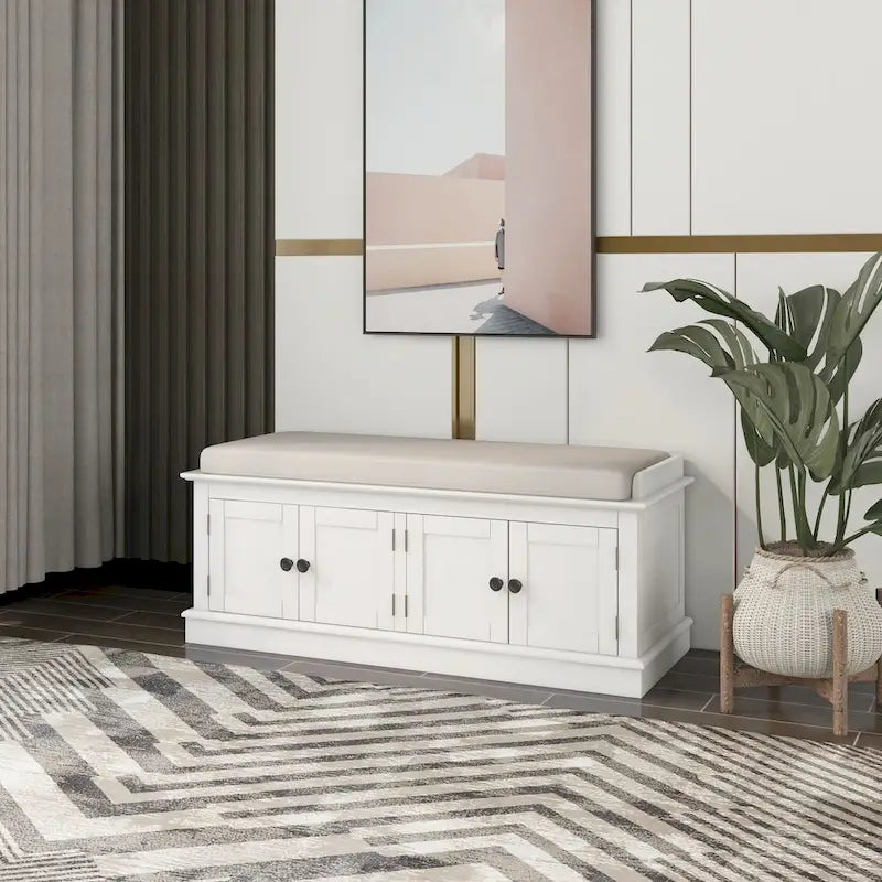 Banc de rangement avec 4 portes et étagères réglables, Banc à chaussures avec coussin amovible pour Salon, Entrée