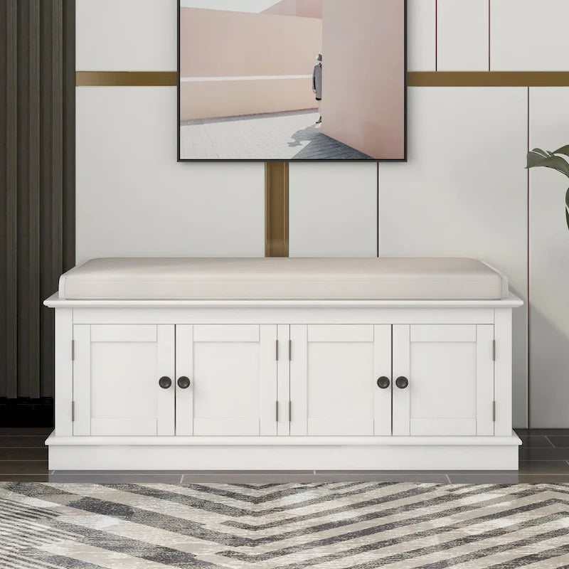 Banc de rangement avec 4 portes et étagères réglables, Banc à chaussures avec coussin amovible pour Salon, Entrée