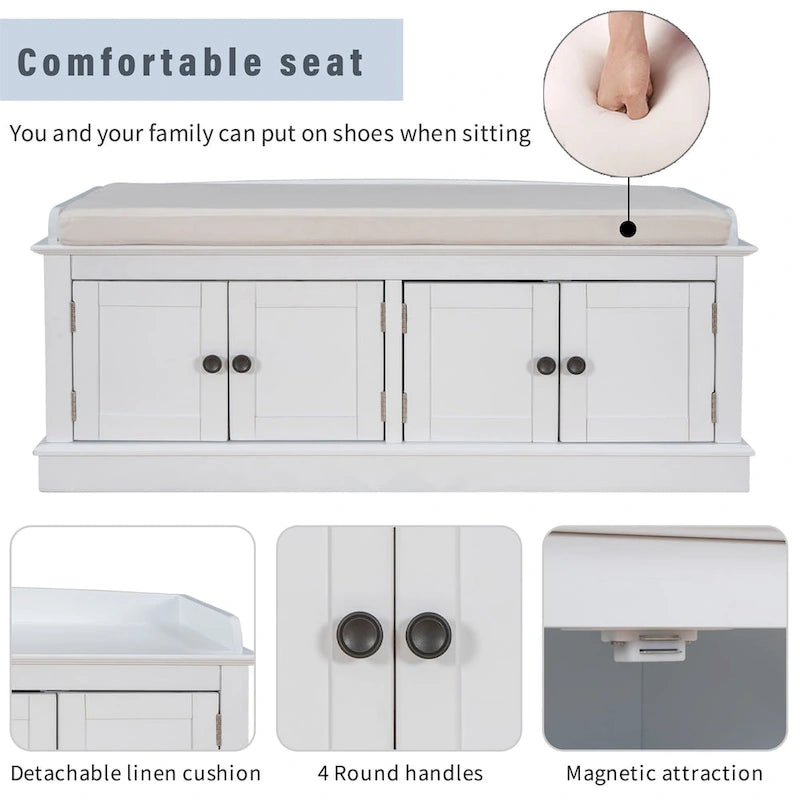 Banc de rangement avec 4 portes et étagères réglables, Banc à chaussures avec coussin amovible pour Salon, Entrée