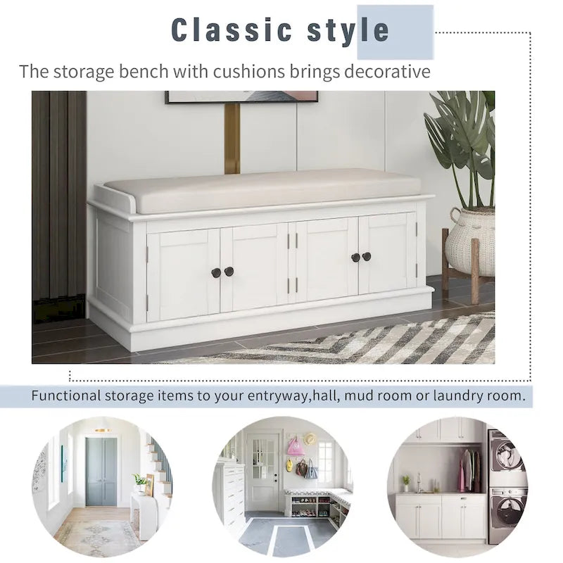 Banc de rangement avec 4 portes et étagères réglables, Banc à chaussures avec coussin amovible pour Salon, Entrée
