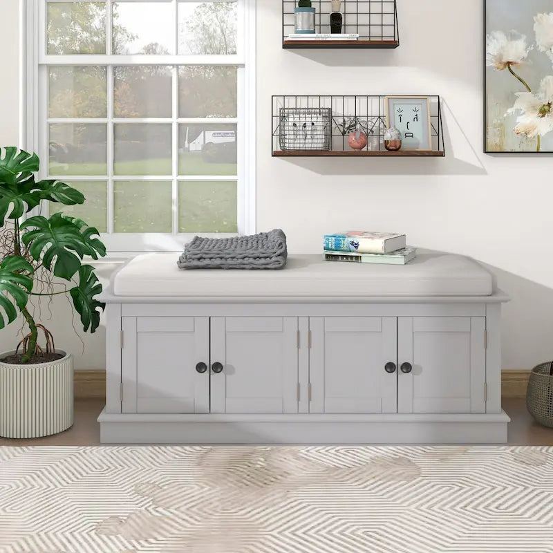 Banc de rangement avec 4 portes et étagères réglables, Banc à chaussures avec coussin amovible pour Salon, Entrée