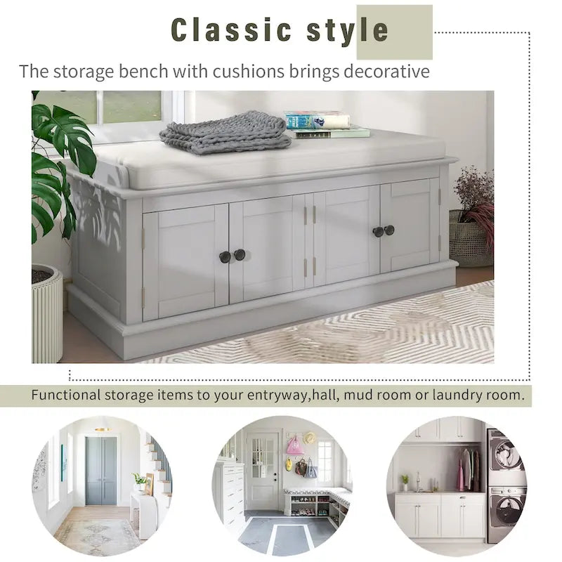 Banc de rangement avec 4 portes et étagères réglables, Banc à chaussures avec coussin amovible pour Salon, Entrée