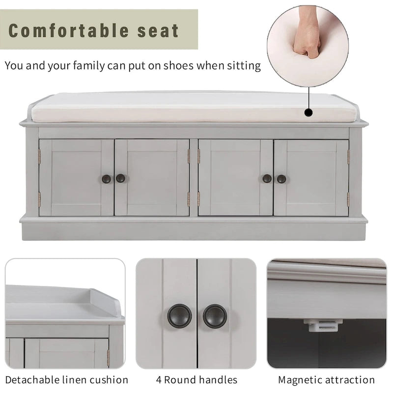 Banc de rangement avec 4 portes et étagères réglables, Banc à chaussures avec coussin amovible pour Salon, Entrée