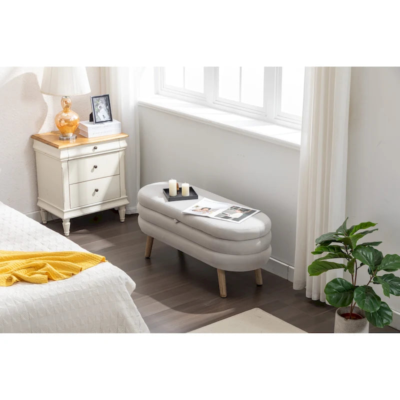 Banc de rangement en velours avec pieds en bois pour salon et chambre à coucher