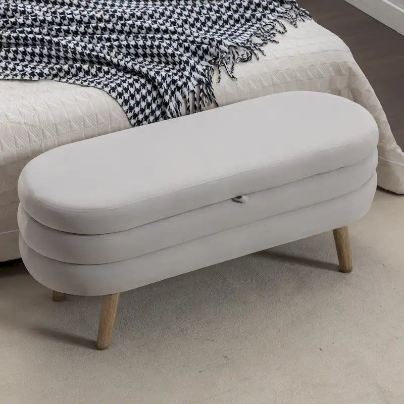 Banc de rangement en velours avec pieds en bois pour salon et chambre à coucher