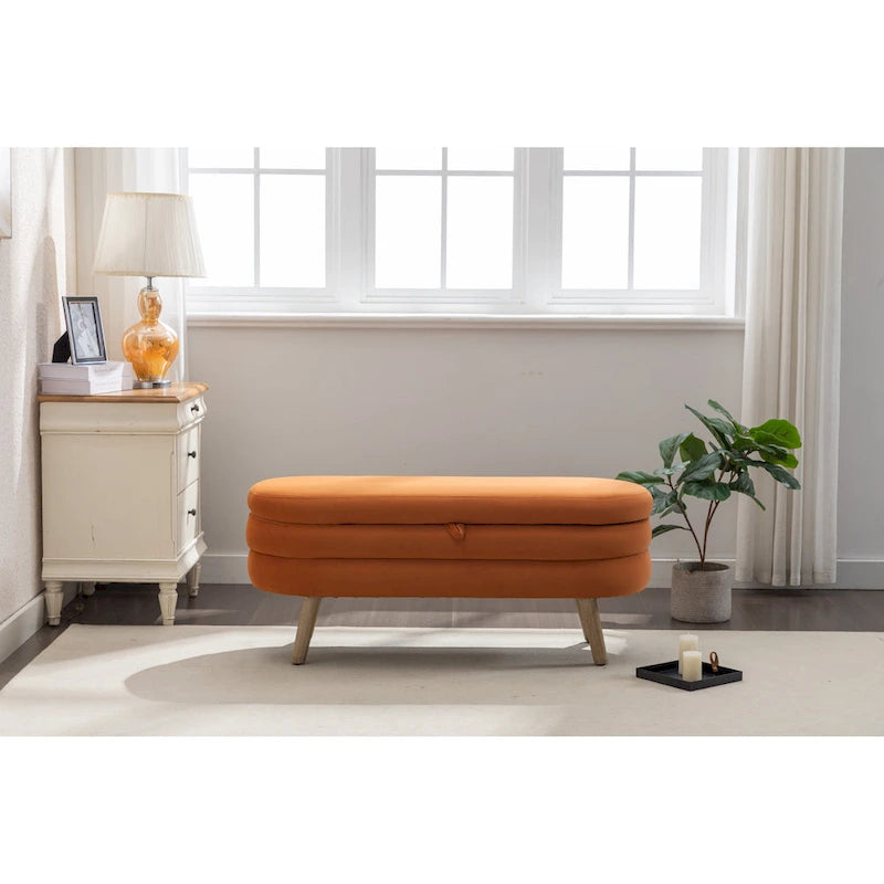 Banc de rangement en velours avec pieds en bois pour salon et chambre à coucher