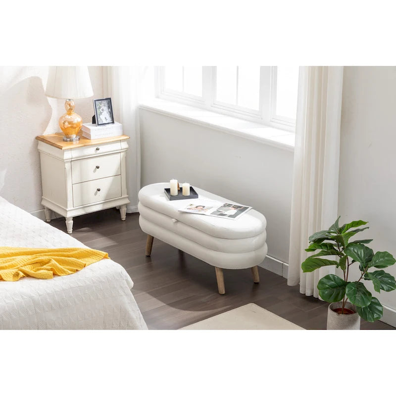 Banc de rangement en velours avec pieds en bois pour salon et chambre à coucher