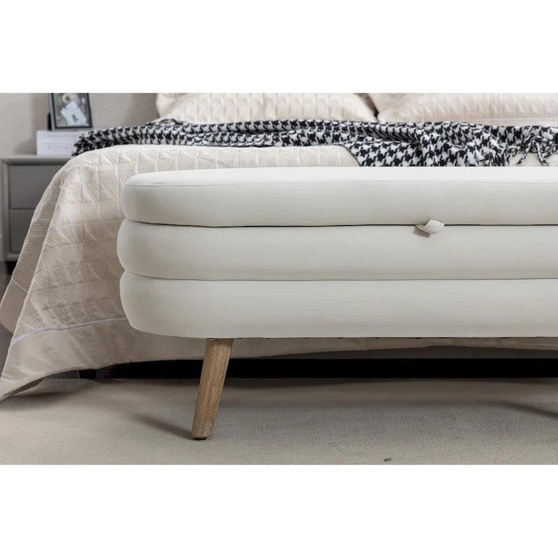 Banc de rangement en velours avec pieds en bois pour salon et chambre à coucher