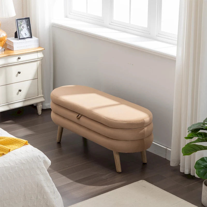 Banc de rangement en velours avec pieds en bois pour salon et chambre à coucher