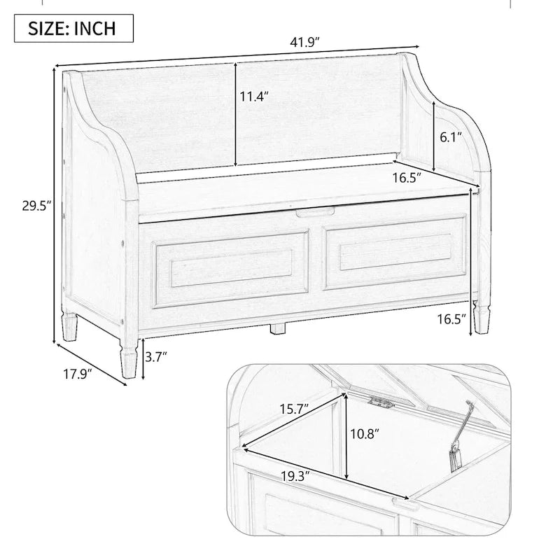 Banc de rangement rustique à dossier haut avec grand espace de rangement dissimulé