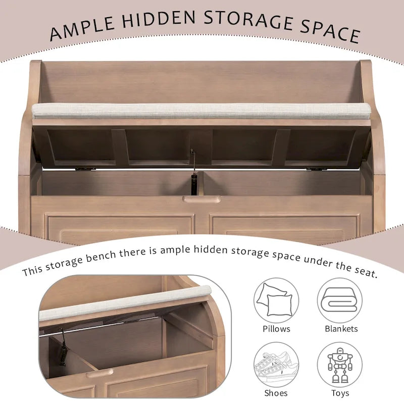 Banc de rangement rustique à dossier haut avec grand espace de rangement dissimulé