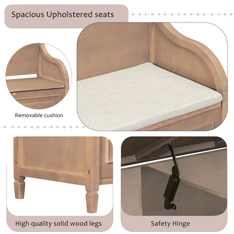 Banc de rangement rustique à dossier haut avec grand espace de rangement dissimulé