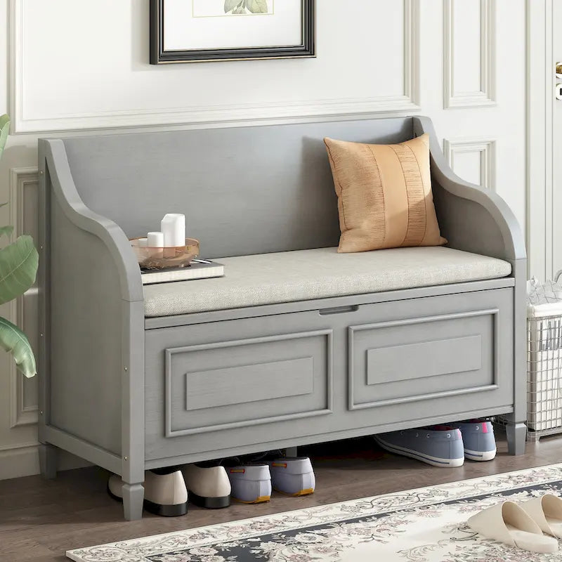Banc de rangement rustique à dossier haut avec grand espace de rangement dissimulé