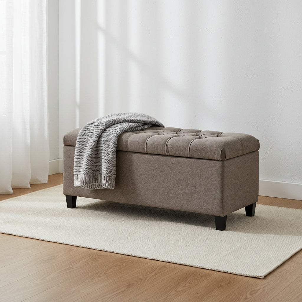 Textured Fabric Upholstered Tufted Wooden Bench With Hinged Storage, Brown