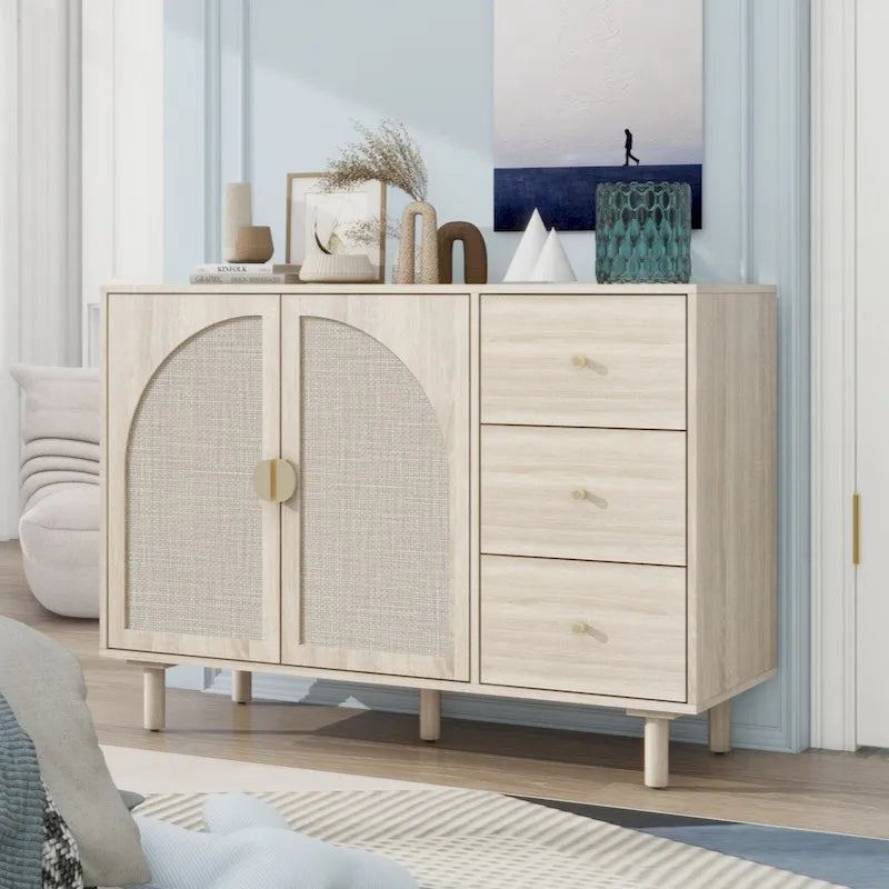 Meuble bas 2 portes 3 tiroirs, idéal pour chambre à coucher ou salon