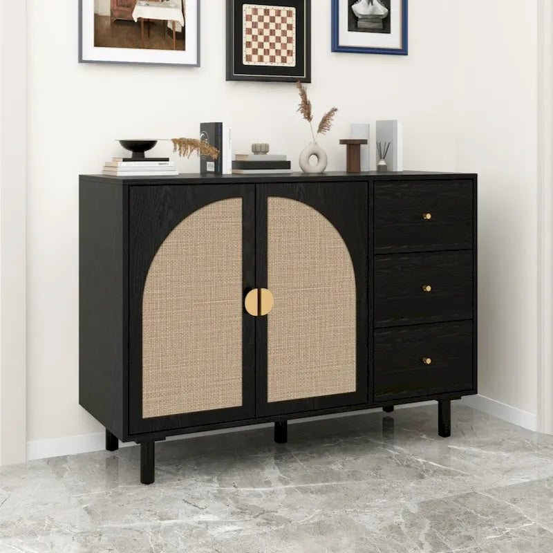 Meuble bas 2 portes 3 tiroirs, idéal pour chambre à coucher ou salon