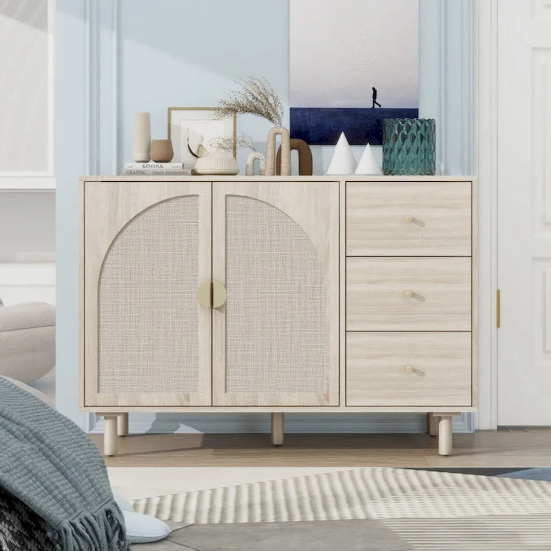 Meuble bas 2 portes 3 tiroirs, idéal pour chambre à coucher ou salon