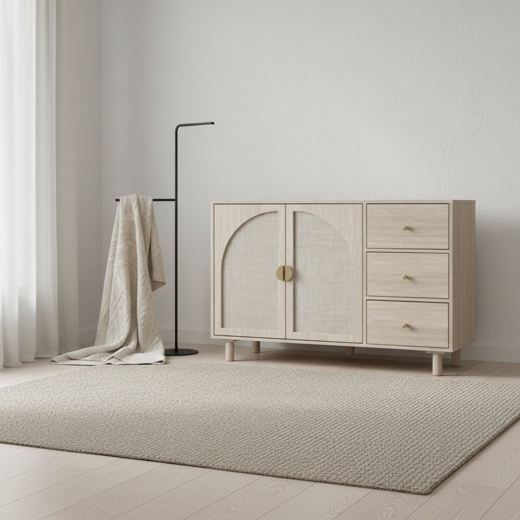 Meuble bas 2 portes 3 tiroirs, idéal pour chambre à coucher ou salon