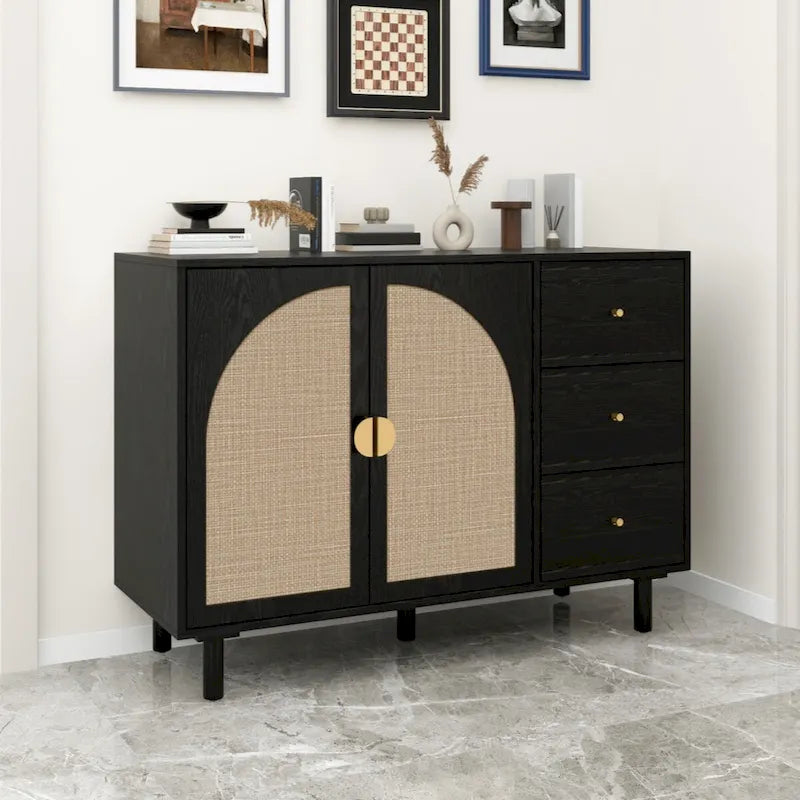 Meuble bas 2 portes 3 tiroirs, idéal pour chambre à coucher ou salon