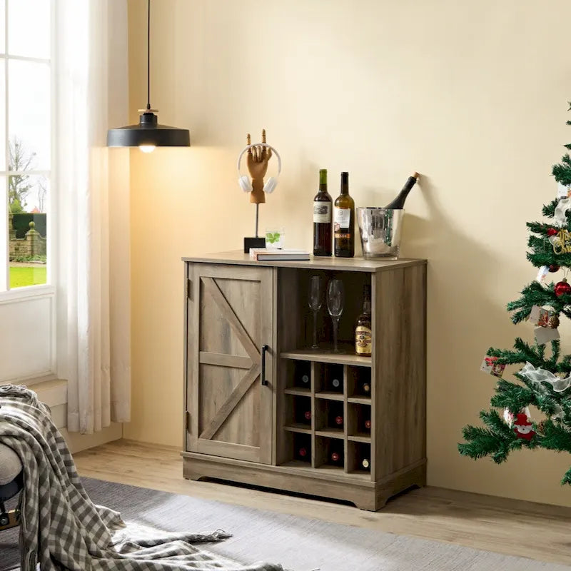 Meuble de bar de style rustique avec casier à vin, buffet de porte de grange, armoire latérale avec tiroir