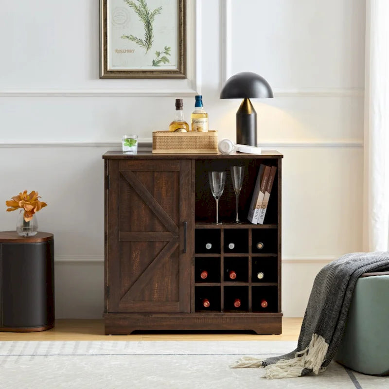 Meuble de bar de style rustique avec casier à vin, buffet de porte de grange, armoire latérale avec tiroir