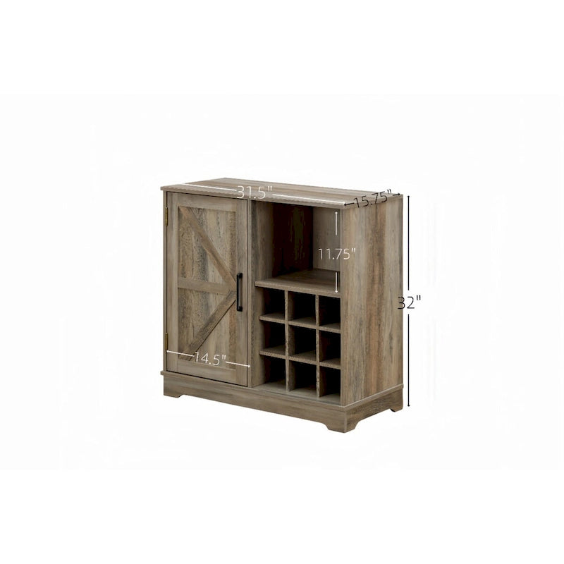 Meuble de bar de style rustique avec casier à vin, buffet de porte de grange, armoire latérale avec tiroir
