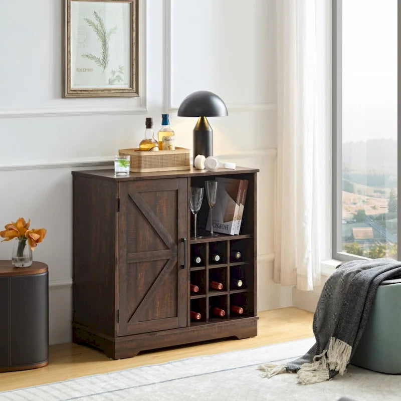Meuble de bar de style rustique avec casier à vin, buffet de porte de grange, armoire latérale avec tiroir
