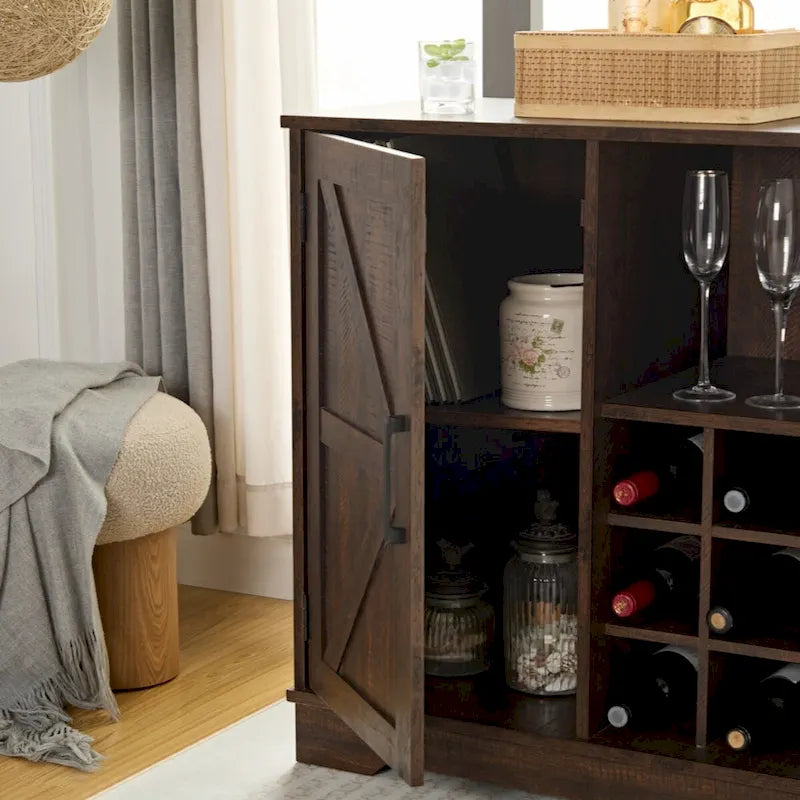 Meuble de bar de style rustique avec casier à vin, buffet de porte de grange, armoire latérale avec tiroir