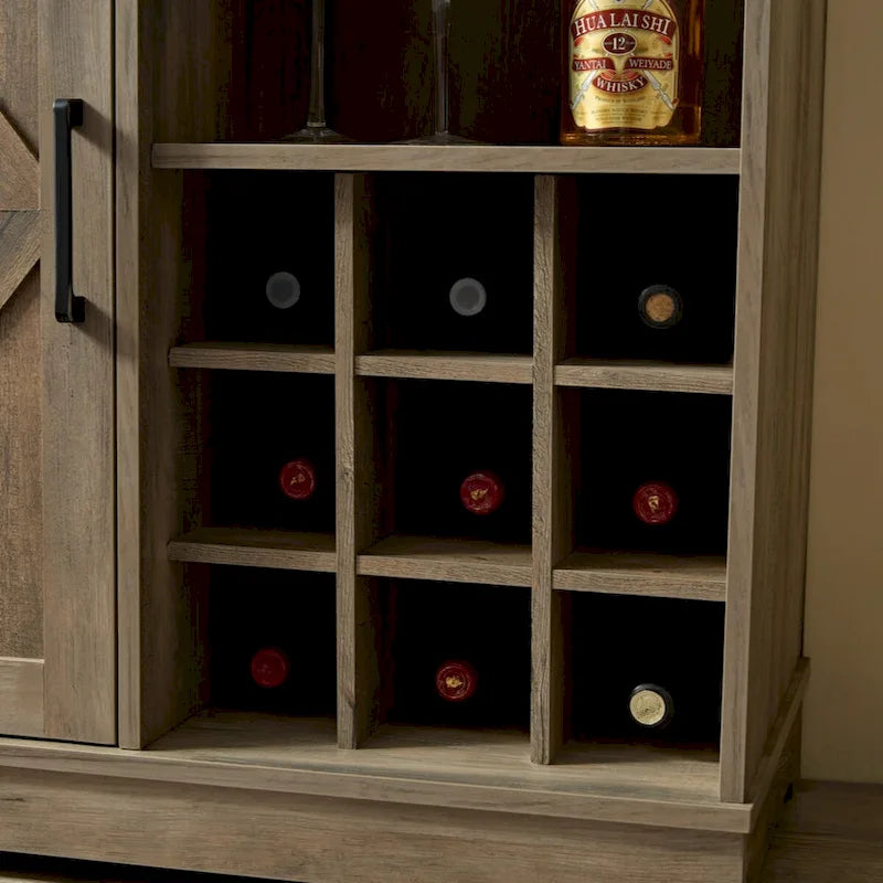 Meuble de bar de style rustique avec casier à vin, buffet de porte de grange, armoire latérale avec tiroir