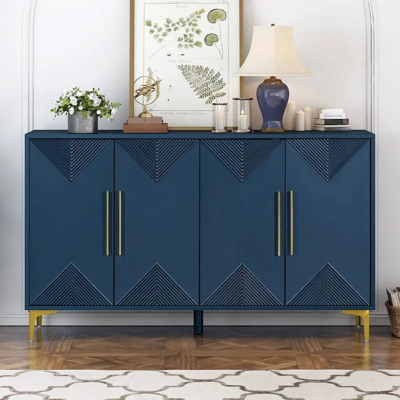 Caractéristiques uniques d'un meuble à quatre portes avec des portes à motif triangulaire bicolore, idéal pour une entrée