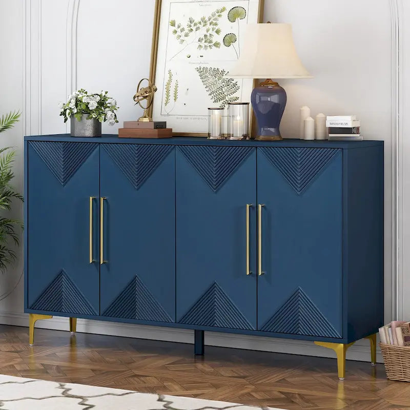 Caractéristiques uniques d'un meuble à quatre portes avec des portes à motif triangulaire bicolore, idéal pour une entrée