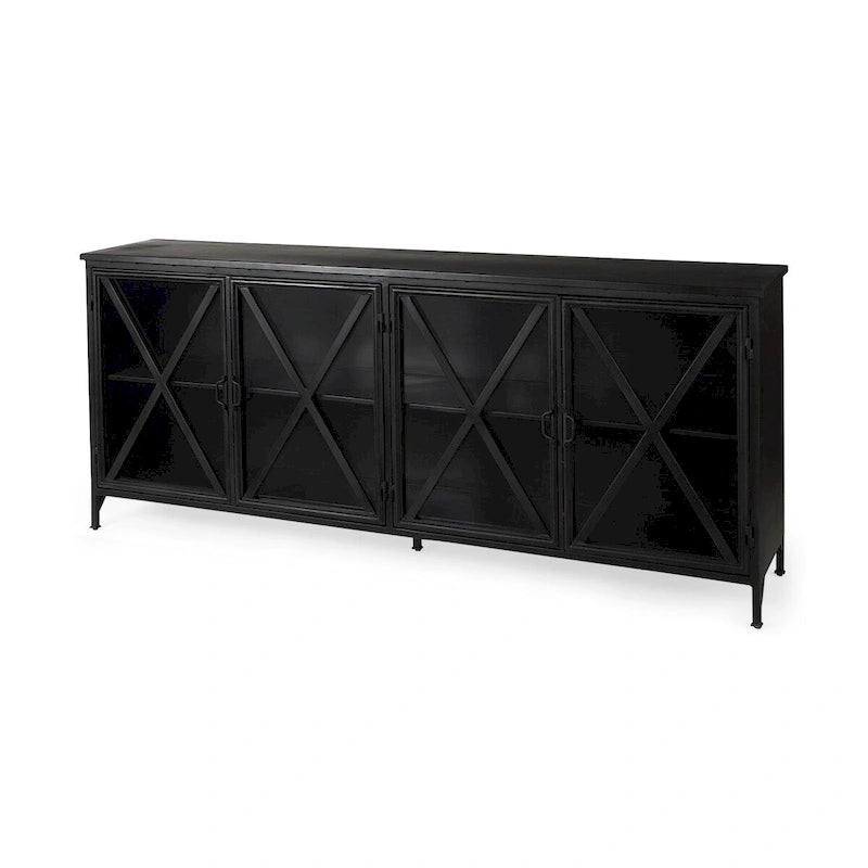 I Meuble bas en métal noir avec portes vitrées - 79,0 L x 16,0 P x 33,0 H
