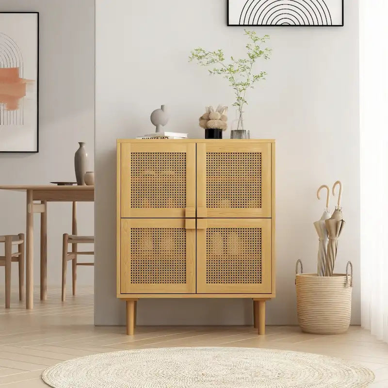 Buffet Moderne 4 Portes avec Rangement en Rotin
