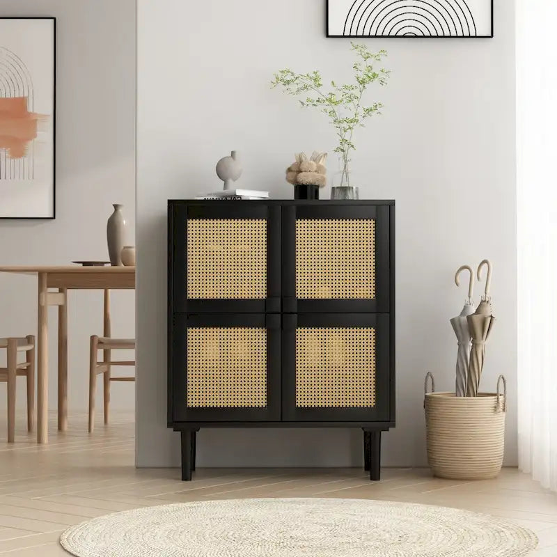 Buffet Moderne 4 Portes avec Rangement en Rotin