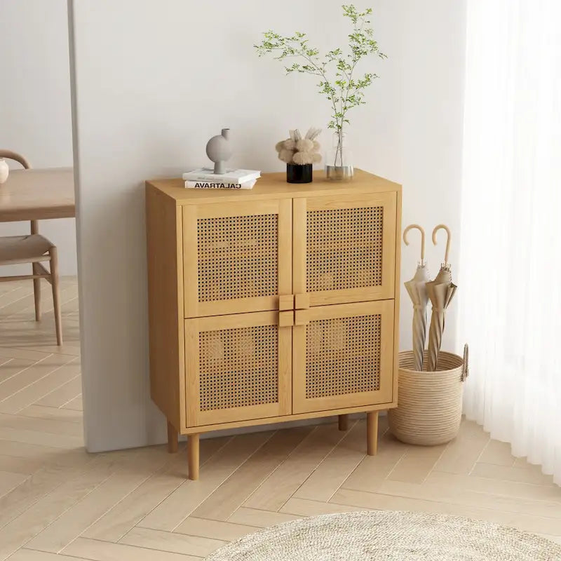 Buffet Moderne 4 Portes avec Rangement en Rotin